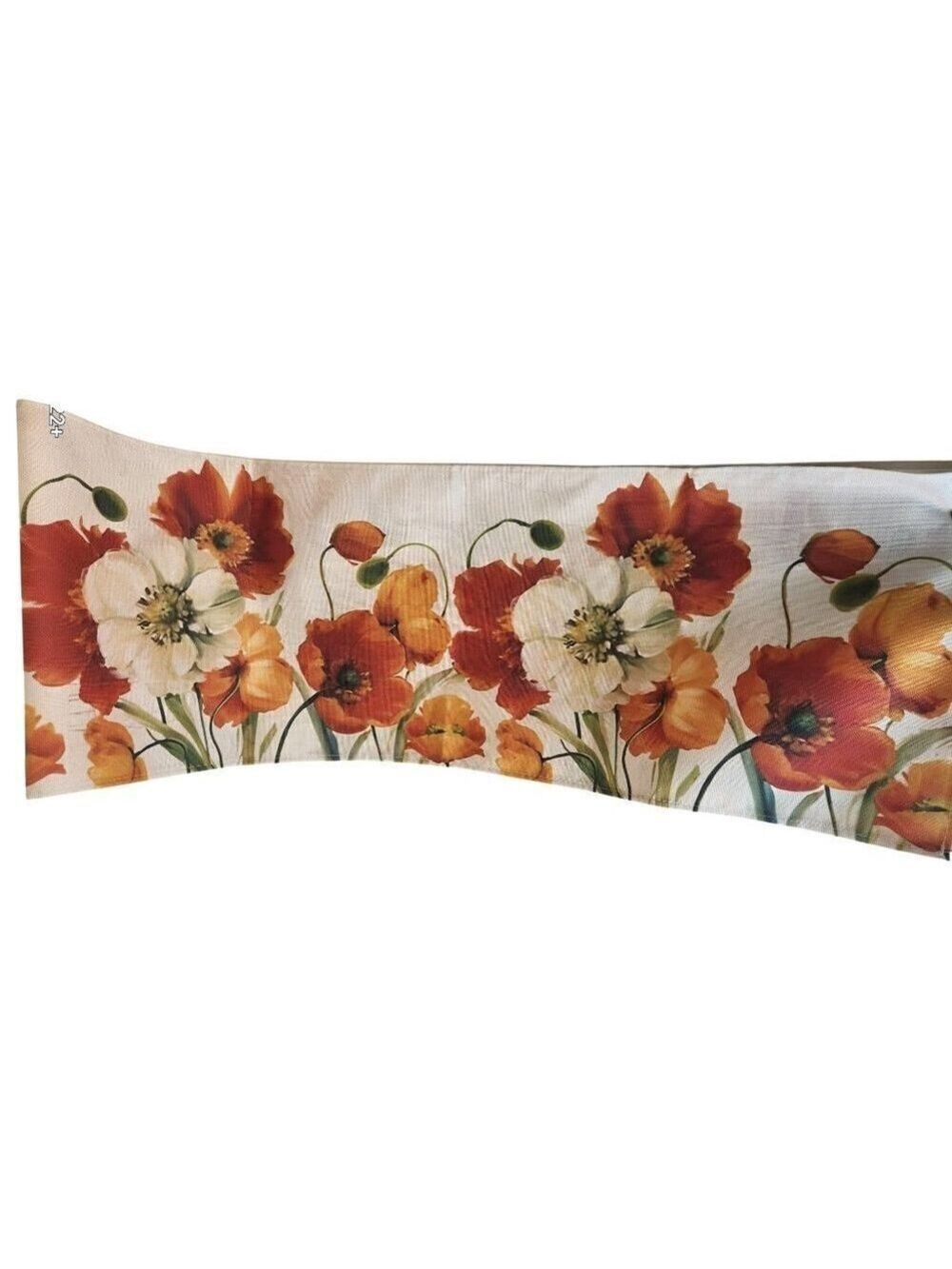 Floral Table Runner With Red White & Yellow Poppies On Beige Background 6 foot x